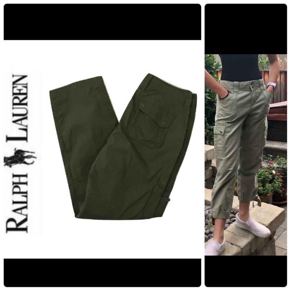 Vintage Ralph Lauren Green Cargo Wide Leg Hi Rise Pants Sz M/L Multiple Pockets